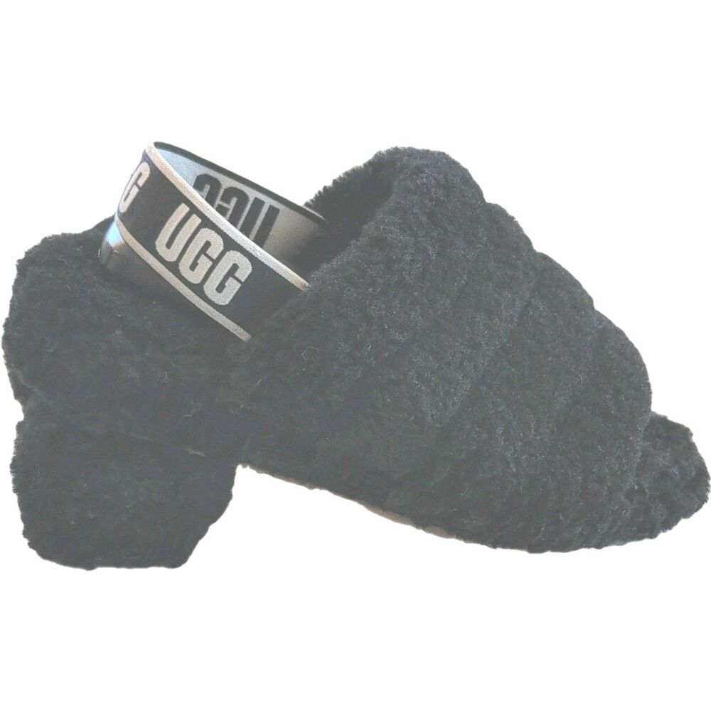 UGG Fluff Yeah Women’s Size 7 Black Faux Fur Slide Slippers Logo Strap